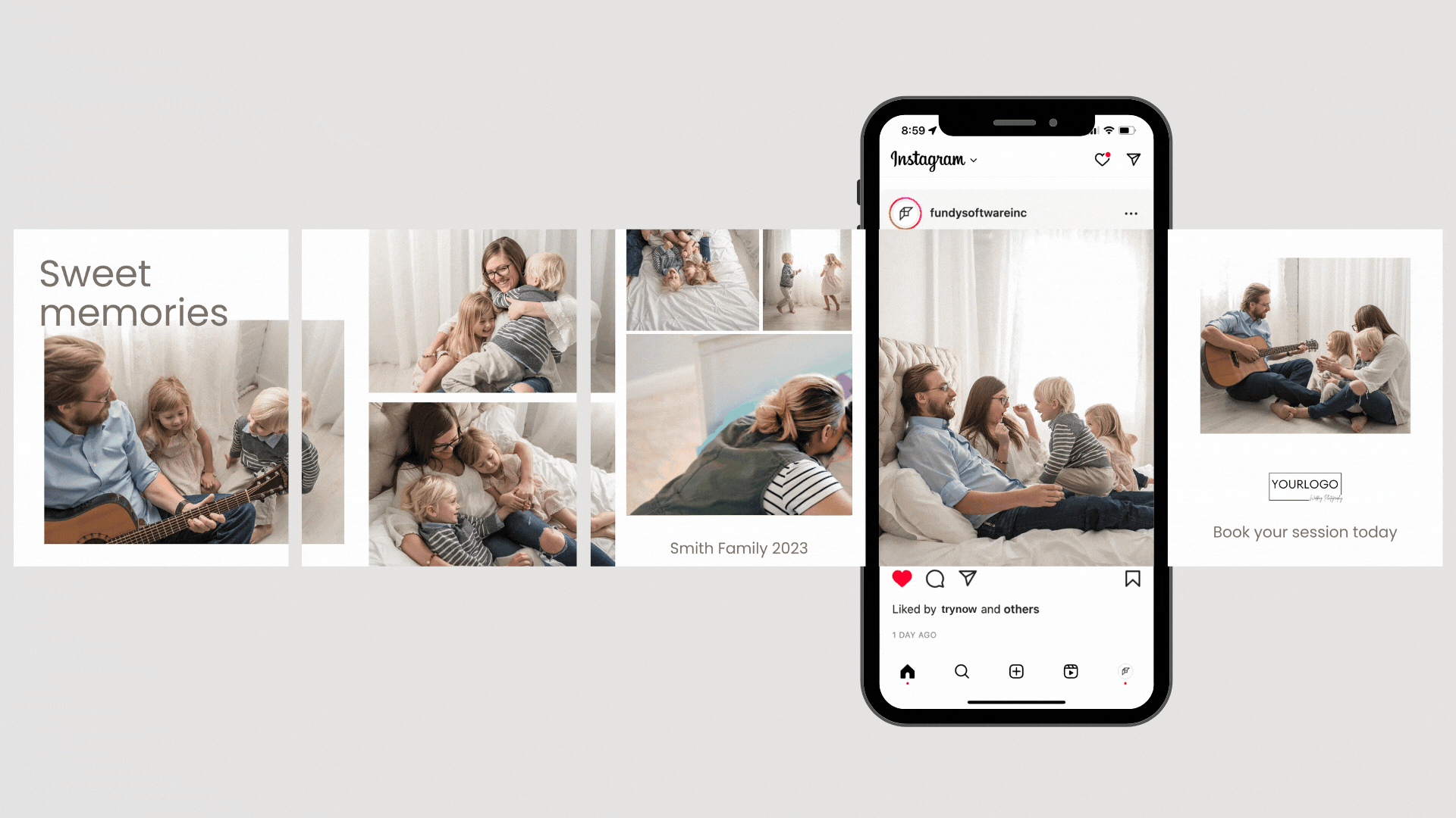 an Instagram carousel with 5 panels, most panels are still images but panel 3 is a combination of still images and a video. The images are of a family with two children